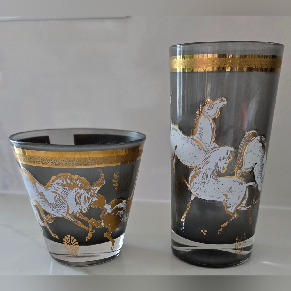 Rare Culver MCM Ming Wild Horses Whiskey Highball Glassware One Each Set Of 2‎